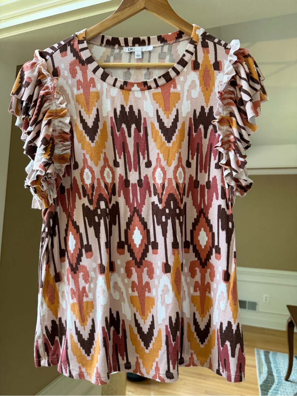 DR2 Printed Ruffle Sleeve Knit Top in Multi (Fall Transition)